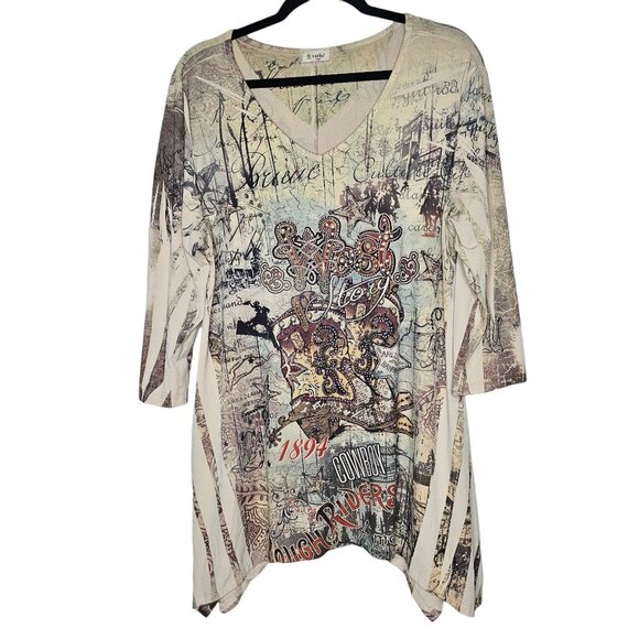 Cactus L Y2K Bling Gem Top Asymmetric Hem Boho Western Cowgirl Tunic Embellished - Picture 1 of 5